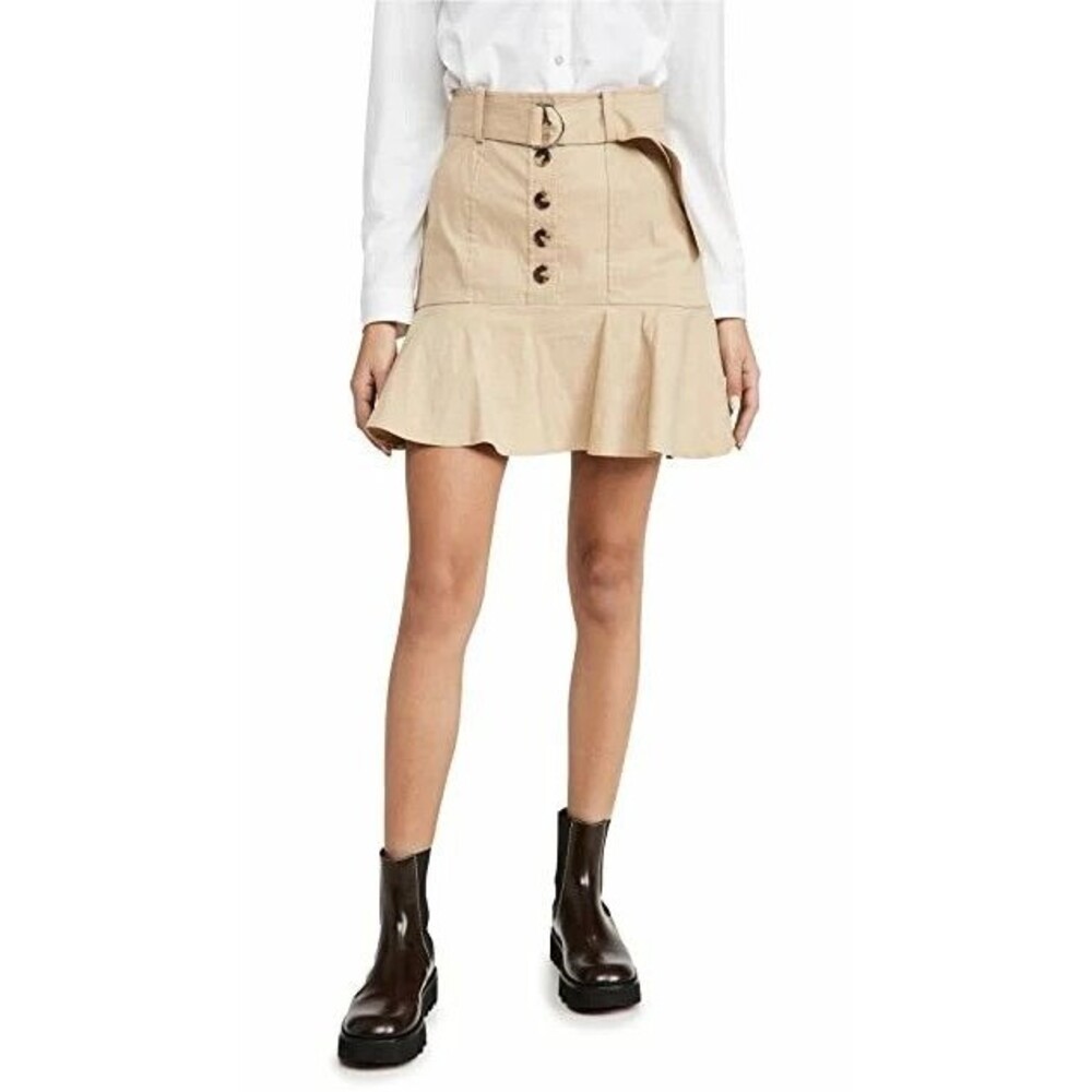 A.L.C. $395 Miley Button-Front Flirty Skirt Linen Blend Ruffle Tan Sand 2 READ